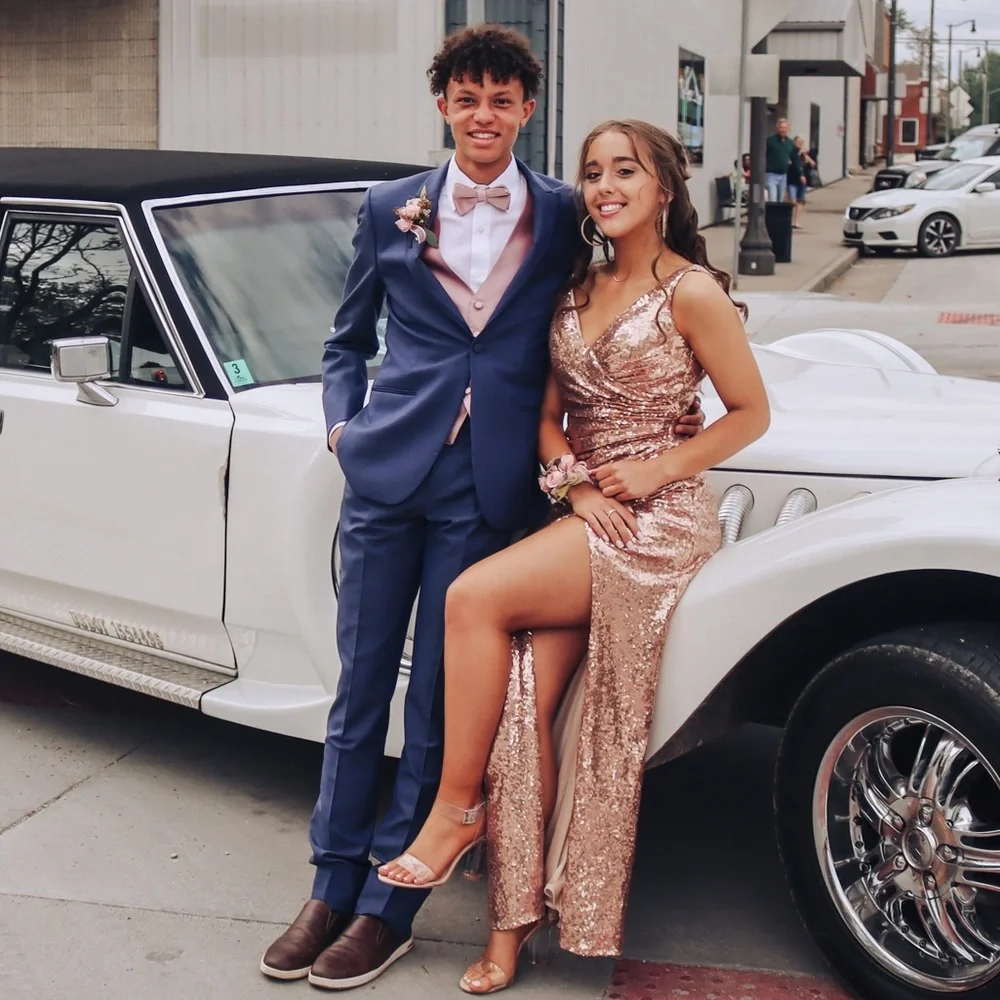 rose gold prom dress couple Sparkly Rose Gold Sequin Prom Dress With Train,Sexy Evening Gown Y1436 –  Simplepromdress main image 1